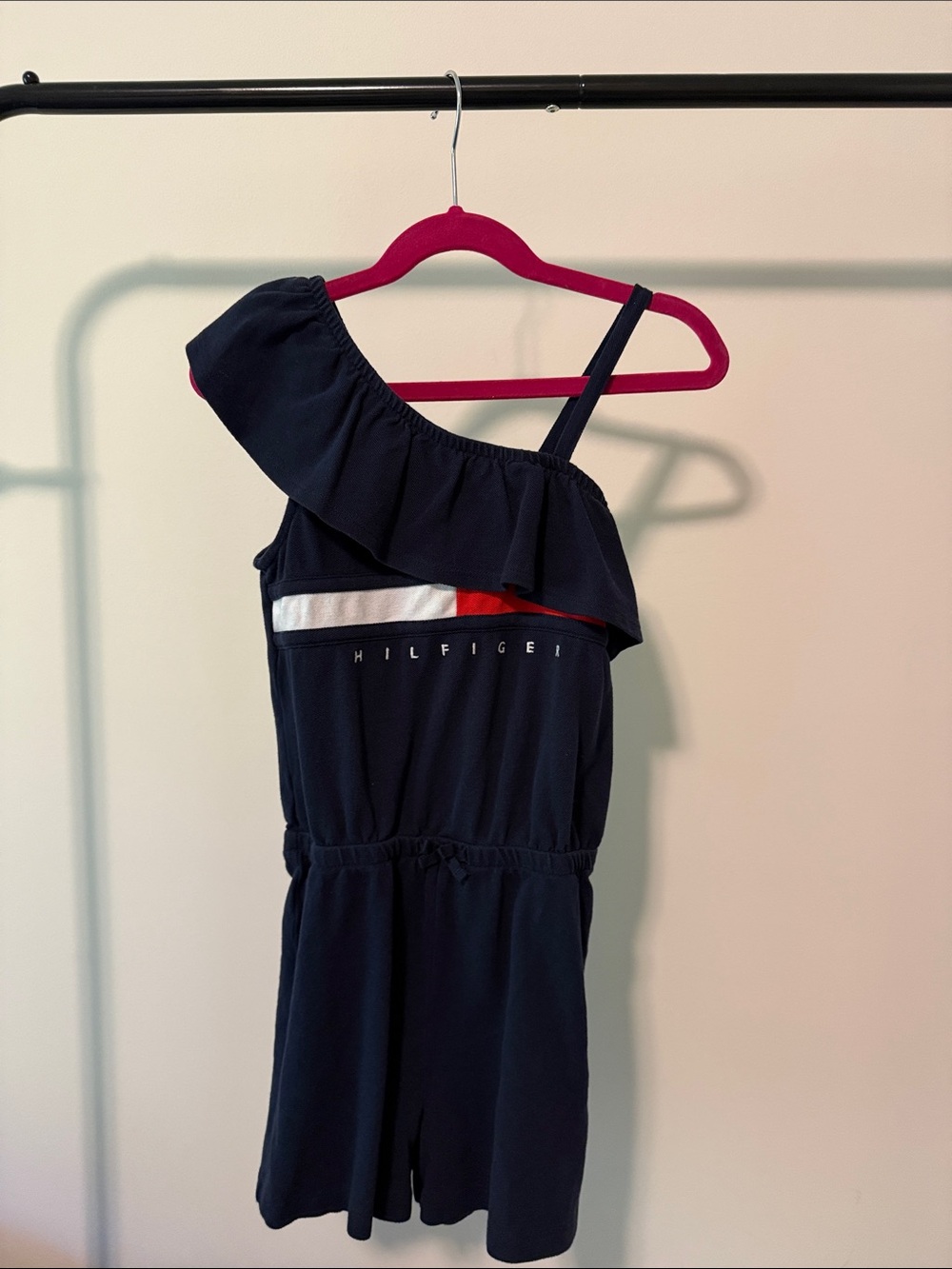 Tommy Hilfiger Navy One-Shoulder Ruffle Romper with Red & White Stripe